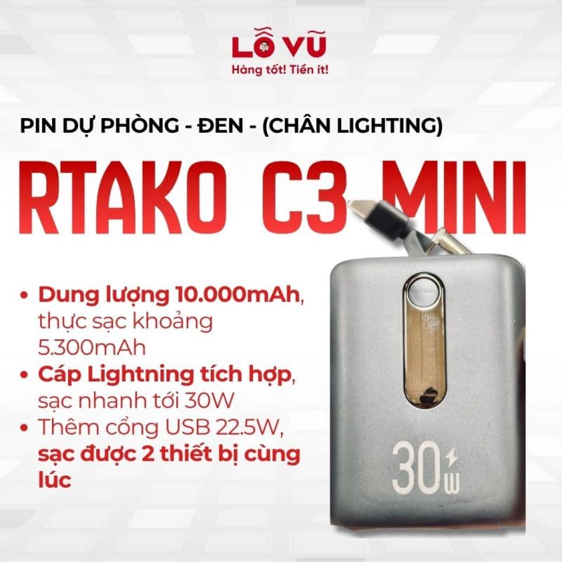 Pin dự phòng RTAKO C3 MINI - Đen - (Chân Lighting)