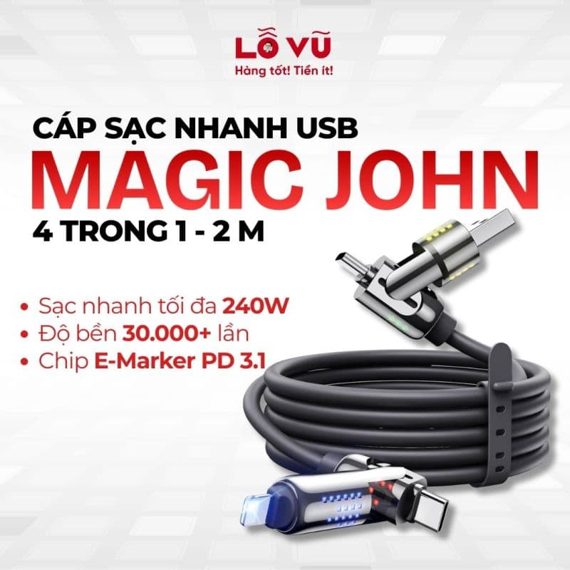 Cáp sạc USB 4 trong 1 MAGIC JOHN sạc nhanh 2m (Nobox)