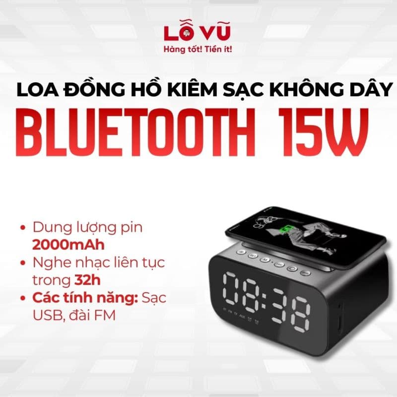 Loa bluetooth 15 W tích hợp sạc không dây đồng hồ led đồng hồ báo thức