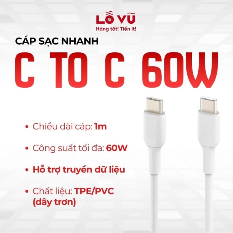 Cáp C to C chất liệu nhựa, dài 1M, Công suất tối đa 60w max