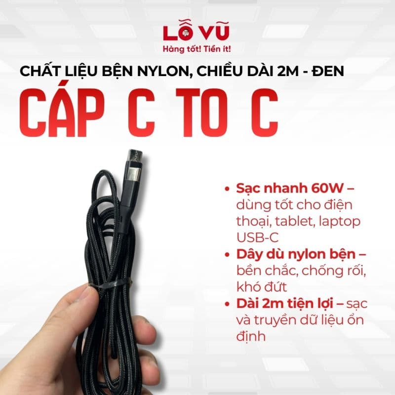 Cáp C to C, chất liệu bện nylon, chiều dài 2m - Đen