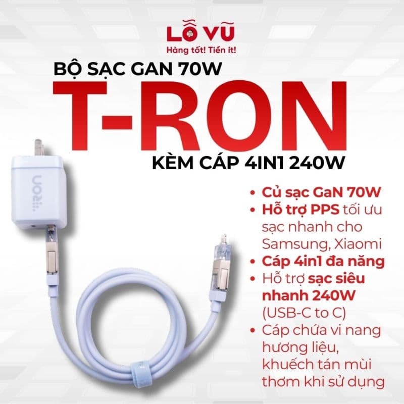 Bộ sạc T-RON GAN 70w kèm cáp 4in1 240w - Cáp sạc khuếch tán nước hoa