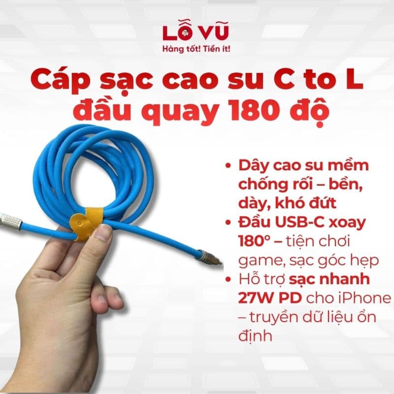 Cáp sạc cao su C to L đầu quay 180 độ