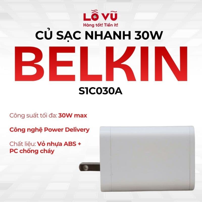 Củ sạc Belkin 30W - chân dẹt- màu xám - S1C030A