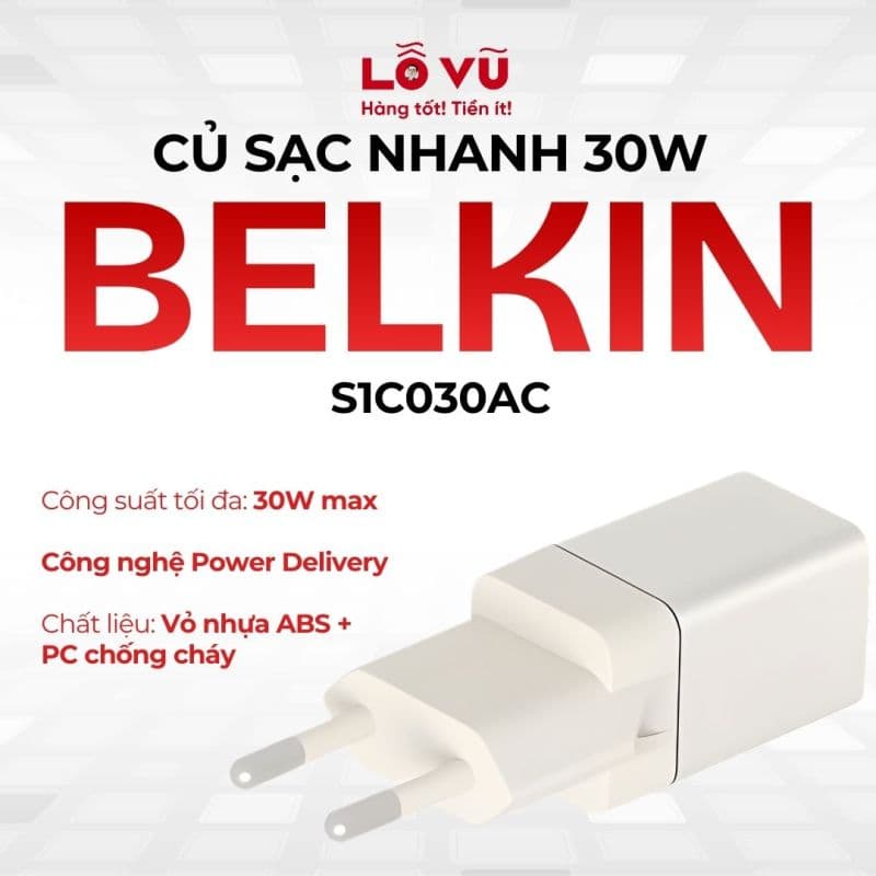 Củ sạc belkin 30W, chân tròn - S1C030AC - Xám