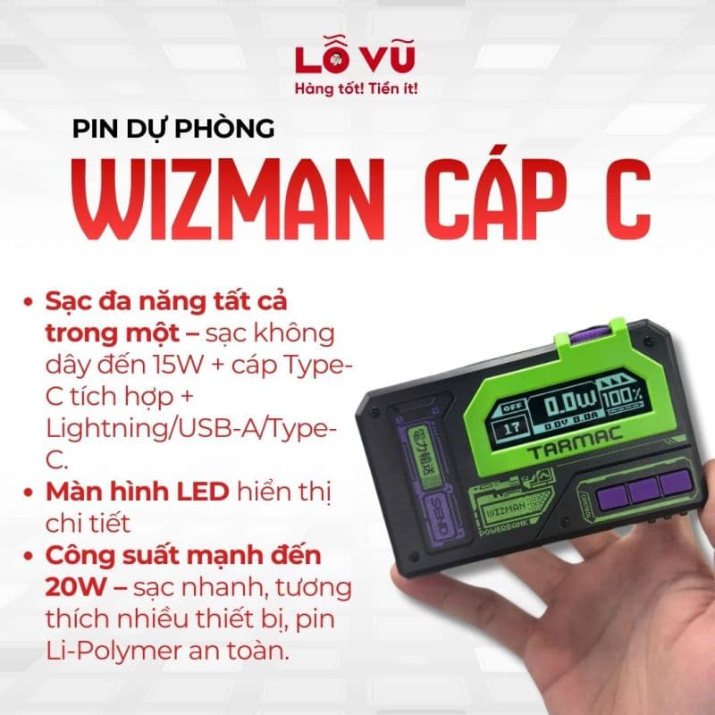 Pin dự phòng magsafe 10.000mAh WIZMAN - P10KM - Cáp C