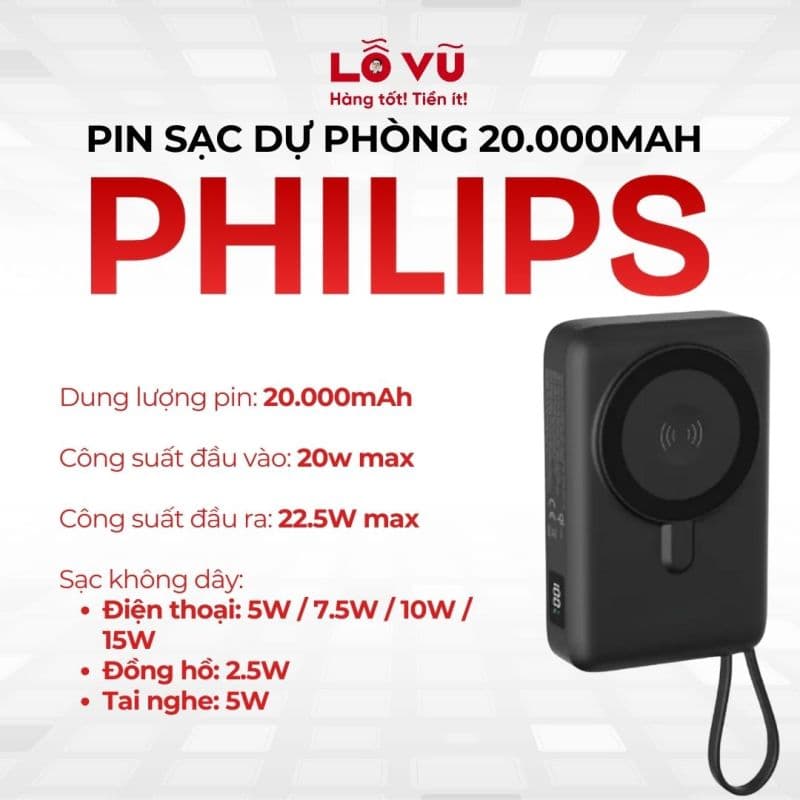 Pin dự phòng magsafe Philips 20000mAh 22.5W - DLP9521C