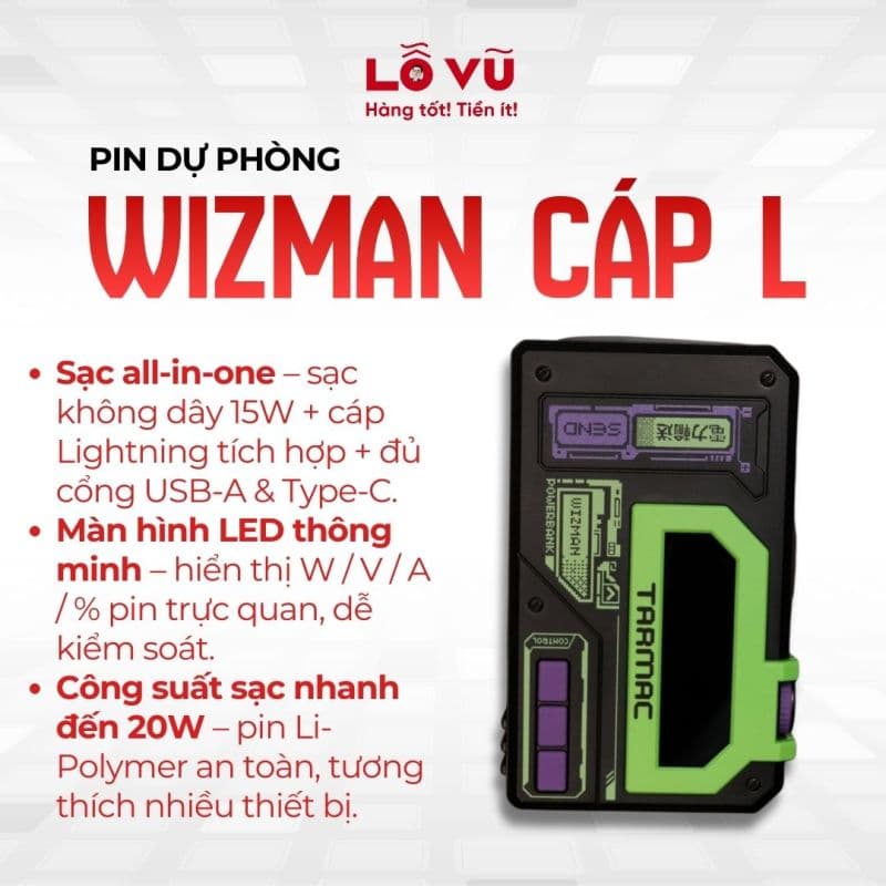 Pin dự phòng magsafe 10.000mAh WIZMAN - P10KM - Cáp L