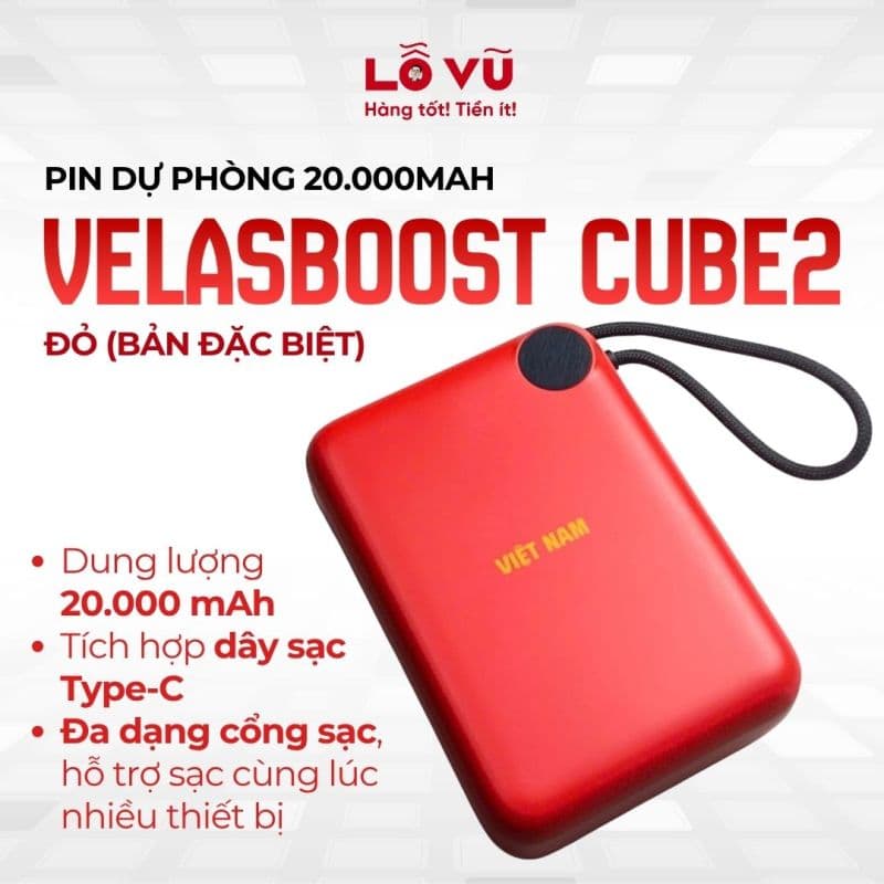 Pin Dự Phòng VELASBOOST CUBE2 20.000mAh - Đỏ (Bản đặc biệt) - Phiên bản VIETNAM