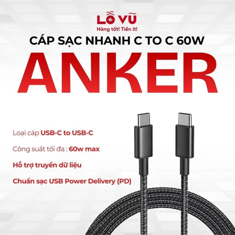 Cáp sạc Anker C to C 60W - Nobox