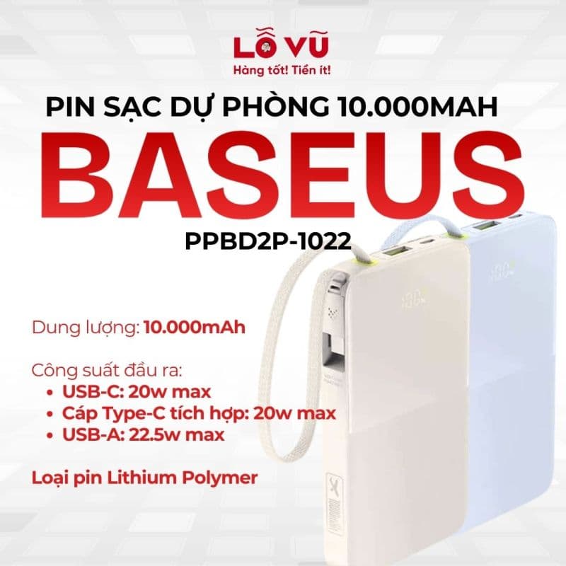 Pin dự phòng Baseus 10.000mAh 22.5W - PPBD2P-1022 - Nobox