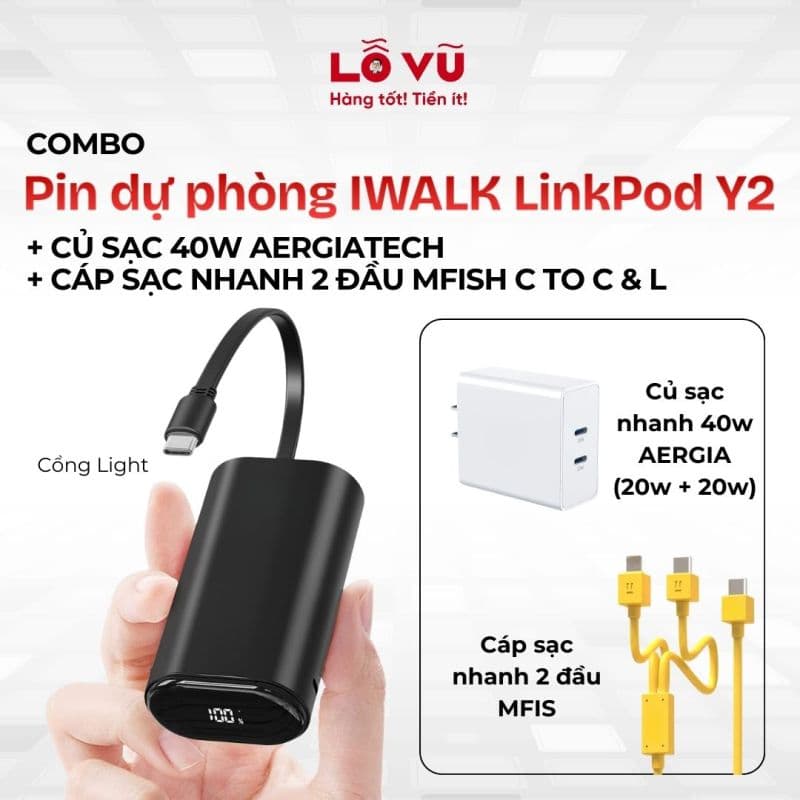 COMBO Pin dự phòng IWALK LinkPod Y2 + Củ sạc 40W Aergiatech + Cáp sạc nhanh 2 đầu Mfish C to C & L