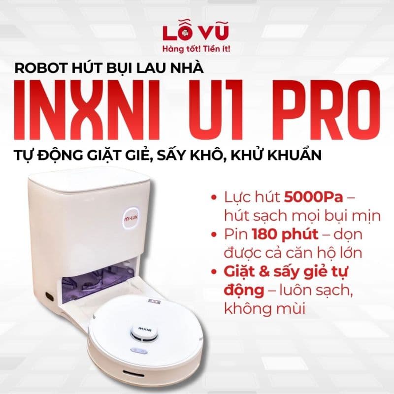 Robot hút bụi lau nhà INXNI U1 Pro tự động giặt giẻ, sấy khô, khử khuẩn