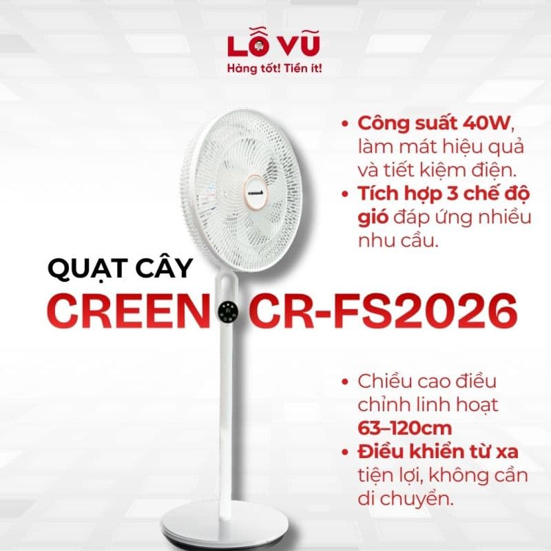 Quạt cây CREEN CR-FS2026 - chiều cao linh hoạt, có điều khiển từ xa