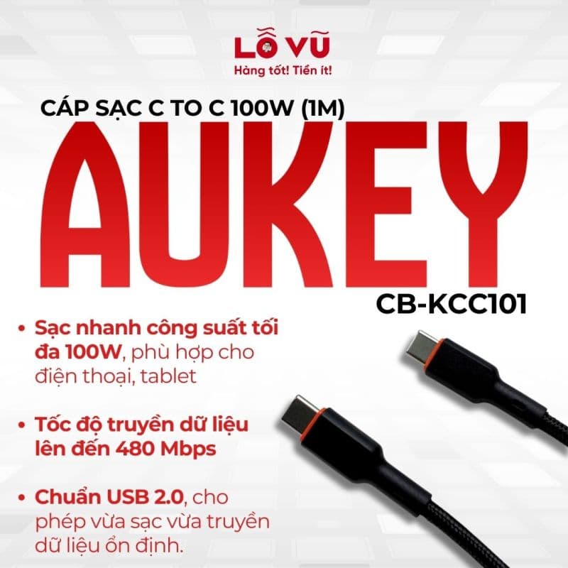 Cáp sạc Aukey C to C 100W (1M) - CB-KCC101
