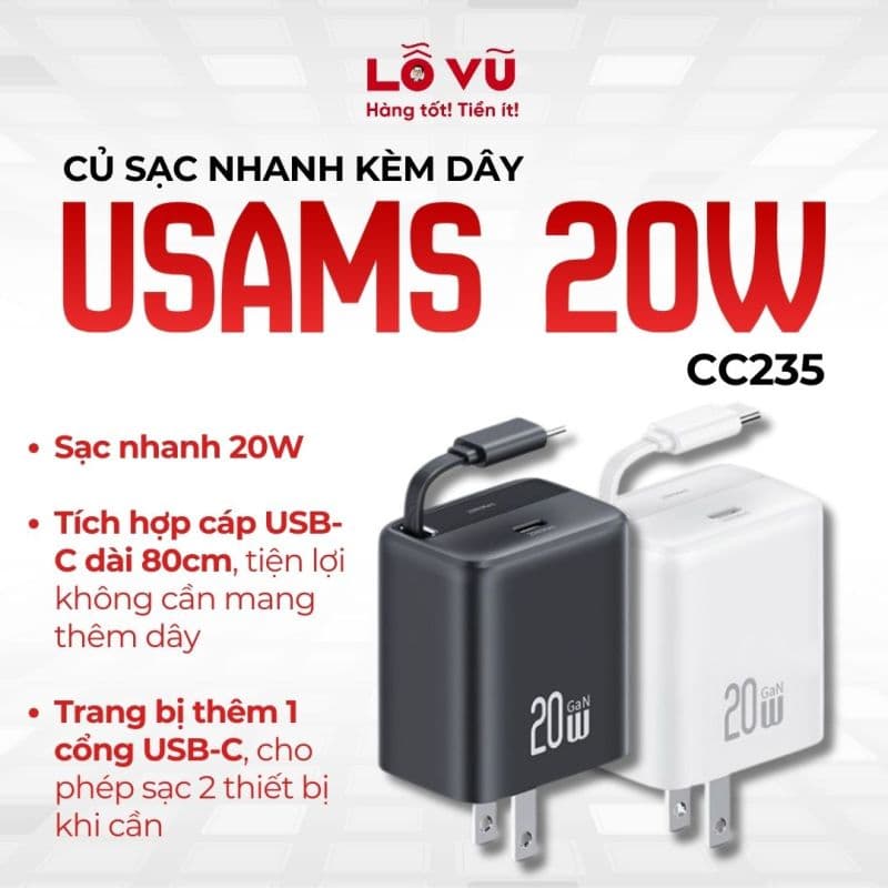 Củ sạc nhanh USAMS 20W kèm dây - CC235