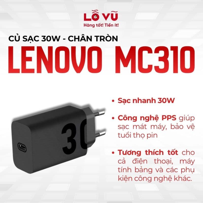 Củ sạc Lenovo 30W - MC310 - Chân tròn - Nobox