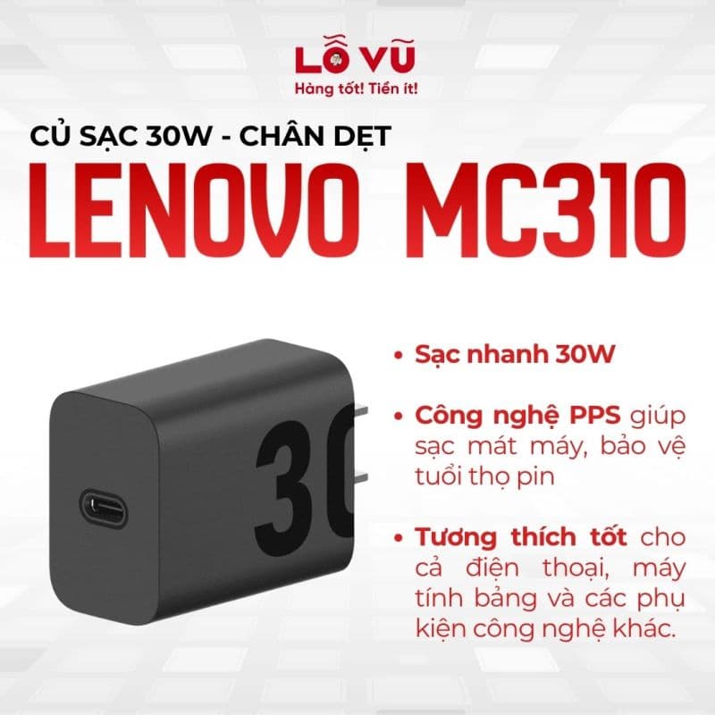 Củ sạc Lenovo 30W - MC301 - Chân Dẹt - Nobox