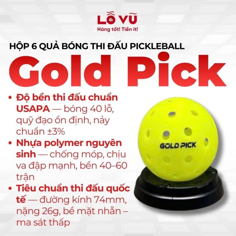 Hộp 6 quả bóng thi đấu Pickleball chính hãng Gold Pick, bóng 40 lỗ, nhựa nguyên sinh