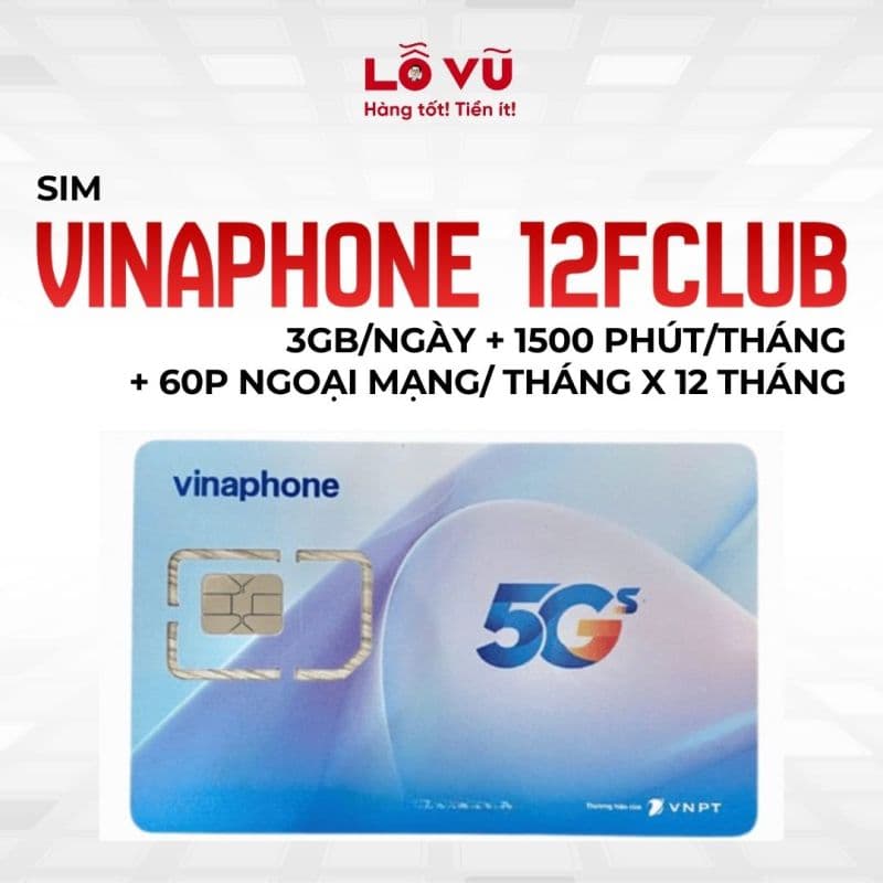 Sim Vina 12FCLUB (3GB/ngày + 1500 phút vina/tháng + 60p ngoại mạng/ tháng x 12 tháng) - Có thể gia hạn 790k/năm và đăng ký chính chủ