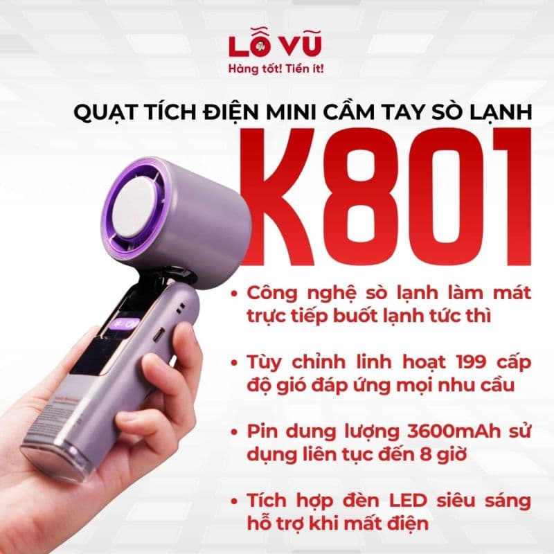 Quạt Tích Điện Mini Cầm Tay sò lạnh K801