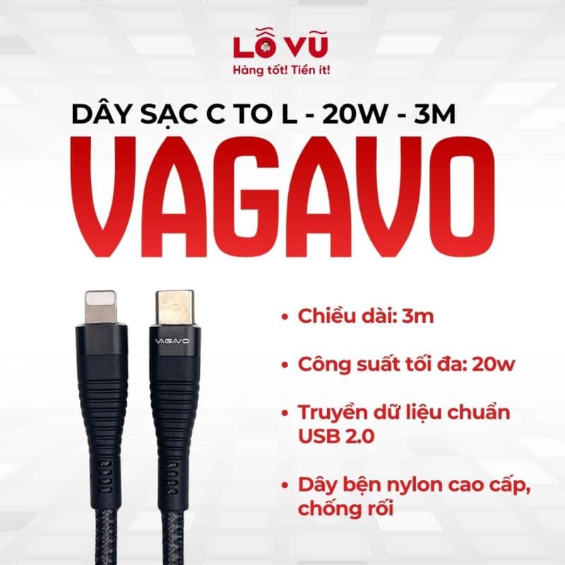 Dây sạc C to L Vagavo - 20W - 3M