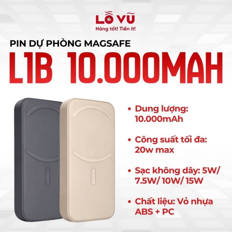 Pin dự phòng Magsafe 10.000mAh - L1B - Sạc nhanh 20W, sạc không dây 15W, hỗ trợ PPS, cực nhỏ gọn