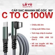 Cáp sạc C to C 100W bẻ góc 90° dài 3M - Sạc nhanh laptop, truyền dữ liệu tốc độ cao 20Gbps, vỏ bọc dù siêu bền