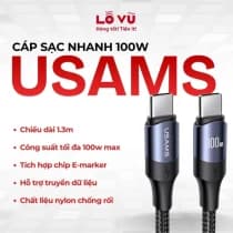 Cáp sạc C to C Usams 100W dài 1.3M - Sạc nhanh điện thoại - laptop, truyền dữ liệu siêu tốc 20Gbps chuẩn USB 3.2, vỏ bọc dù nylon, chip E-marker thông minh