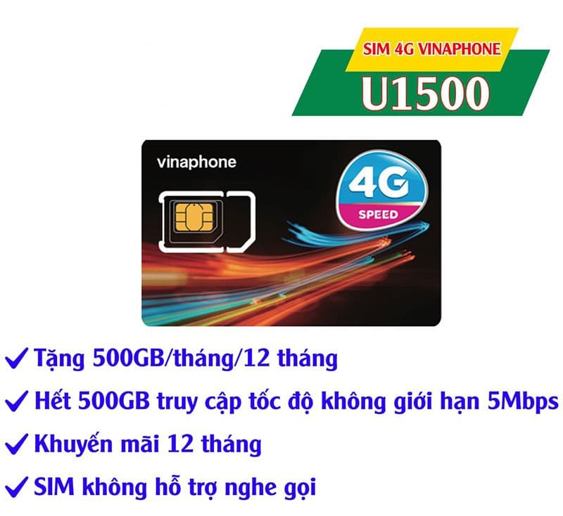 Sim data Vinaphone U1500 500GB/Tháng/12 tháng (Không thoại)