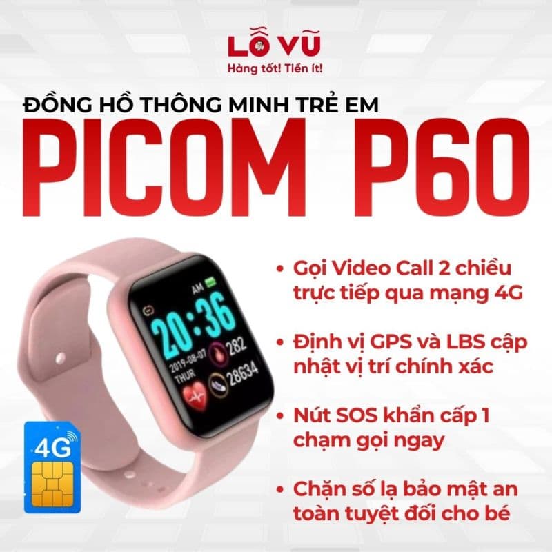 Đồng Hồ Trẻ Em Thông Minh PICOM P60 - đồng hồ lắp sim, đồng hồ định vị, nghe gọi 2 chiều, gọi video call, định vị trẻ em, hỗ trợ gọi khẩn cấp