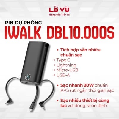 Pin sạc dự phòng iWALK 10.000mAh (DBL10.000S) - Tích hợp sẵn 3 cáp sạc nhanh