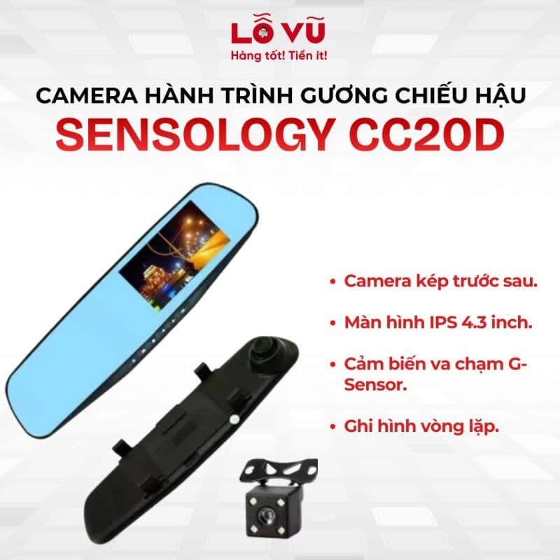 Camera Hành Trình Gương Chiếu Hậu SENSOLOGY CC20D - Màn hình 4.3 inch, cảm biến G-sensor, ghi hình 720P HD