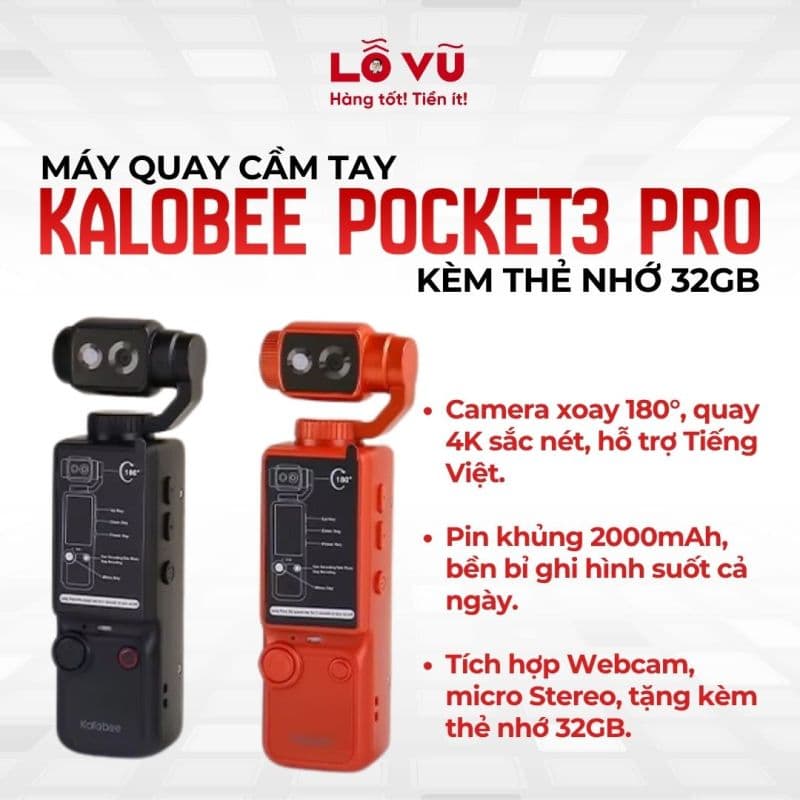 Máy Quay Cầm Tay Mini Kalobee Pocket3 Pro Tặng Kèm Thẻ Nhớ 32GB - Camera Quay Vlog Full HD & 4K Đa Hướng Xoay 180 Độ Pin 2000mAh Tích Hợp Webcam 2 Trong 1 Hỗ Trợ Tiếng Việt