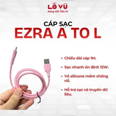 Cáp sạc EZRA USB-A to Lightning dài 1M - Vỏ silicone mềm chống rối, sạc ổn định 12W, truyền dữ liệu nhanh, đa dạng màu sắc - Nobox
