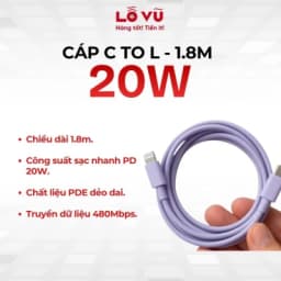Cáp sạc C to Lightning 20W dài 1.8M - Hỗ trợ sạc nhanh PD, truyền dữ liệu 480Mbps, chất liệu TPE chống rối
