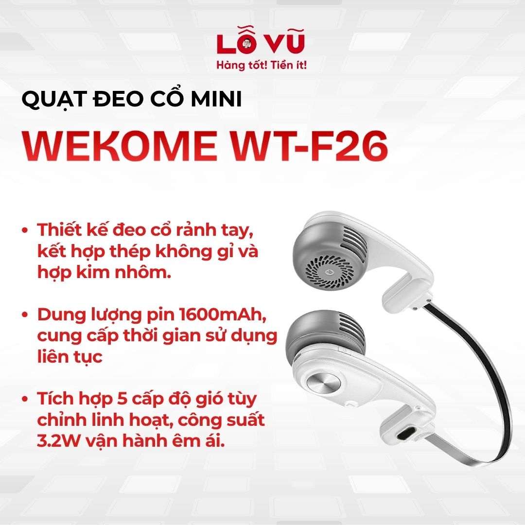 Quạt đeo cổ WEKOME WT-F26 - Trắng + xám