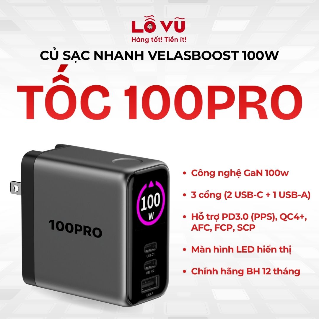 Củ sạc nhanh Velasboost 100W - Tốc 100Pro - Chuẩn PD 3.0 (PPS), 2 USB-C + 1 USB-A, sạc cùng lúc 3 thiết bị, công nghệ GaN tỏa nhiệt thấp, màn hình AI thông minh