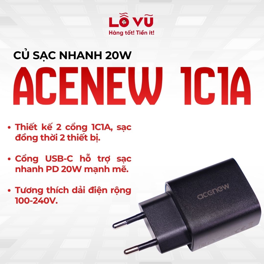 Củ sạc nhanh 20W - 1C1A - Acenew, Cốc sạc siêu tốc, Vỏ nhựa PC chịu nhiệt, Nhỏ gọn tương thích điện áp toàn cầu