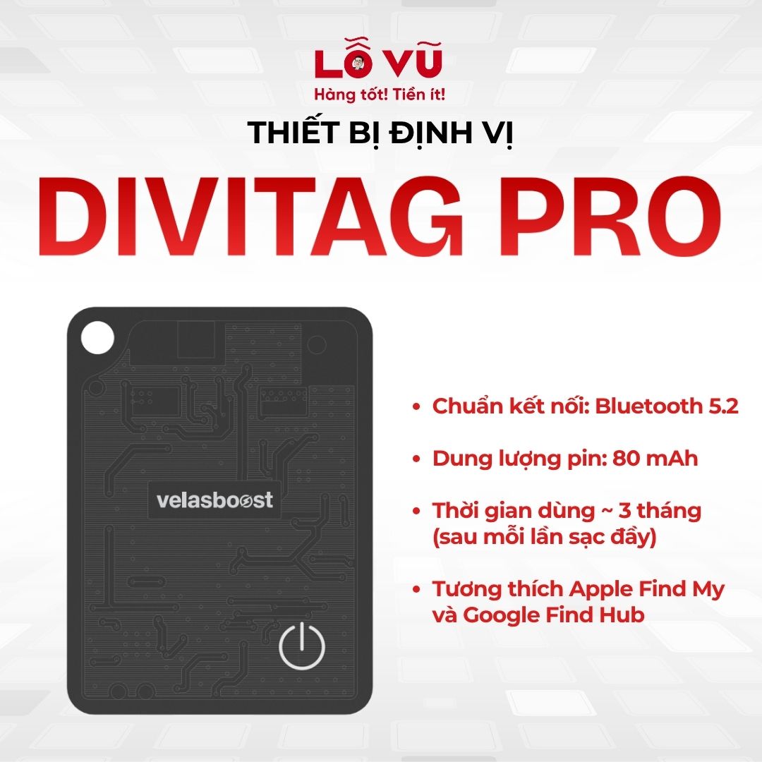 Thiết bị định vị Divitag Pro Velasboost - Chuẩn kết nối Bluetooth 5.2, Thời gian dùng ~ 3 tháng, Tương thích Apple Find My và Google Find Hub