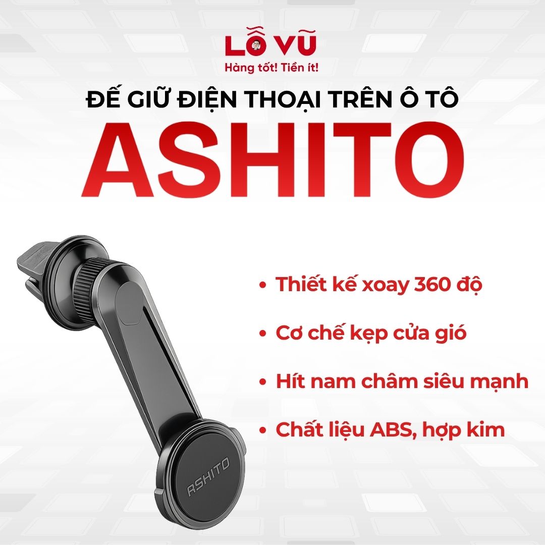Đế giữ điện thoại trên ô tô ASHITO, Thiết kế xoay 360 độ, Cơ chế kẹp cửa gió, Hít nam châm siêu mạnh, Chất liệu ABS, hợp kim
